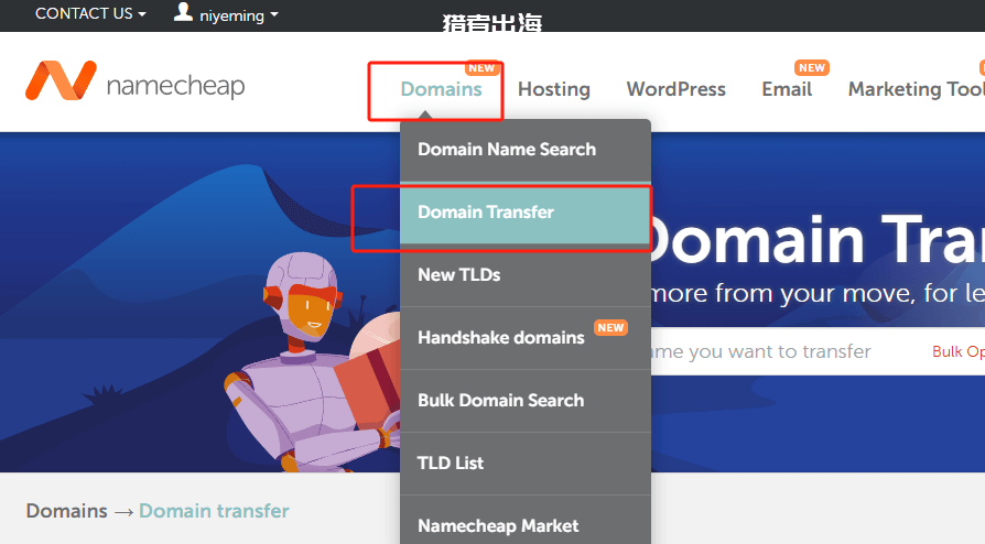 国内阿里云域名转移到国外namecheap