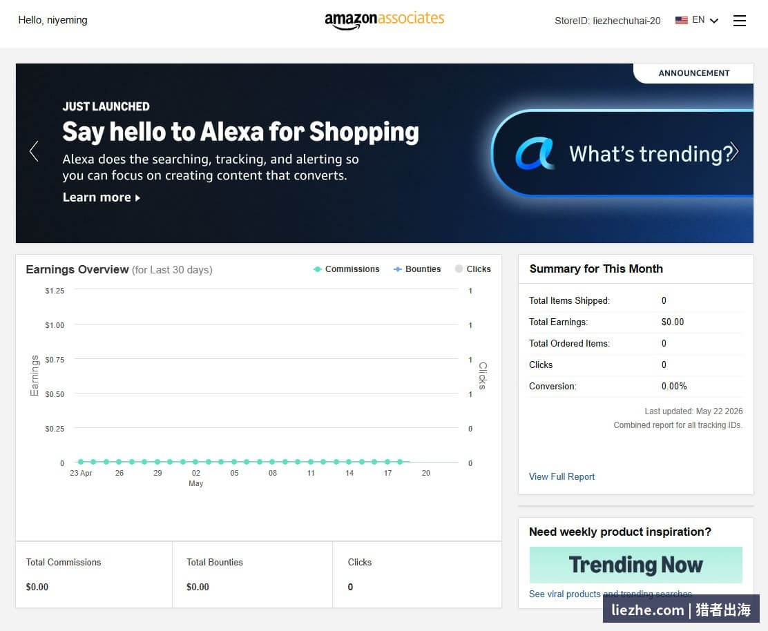Amazon Associates后台首页Earnings Overview仪表盘