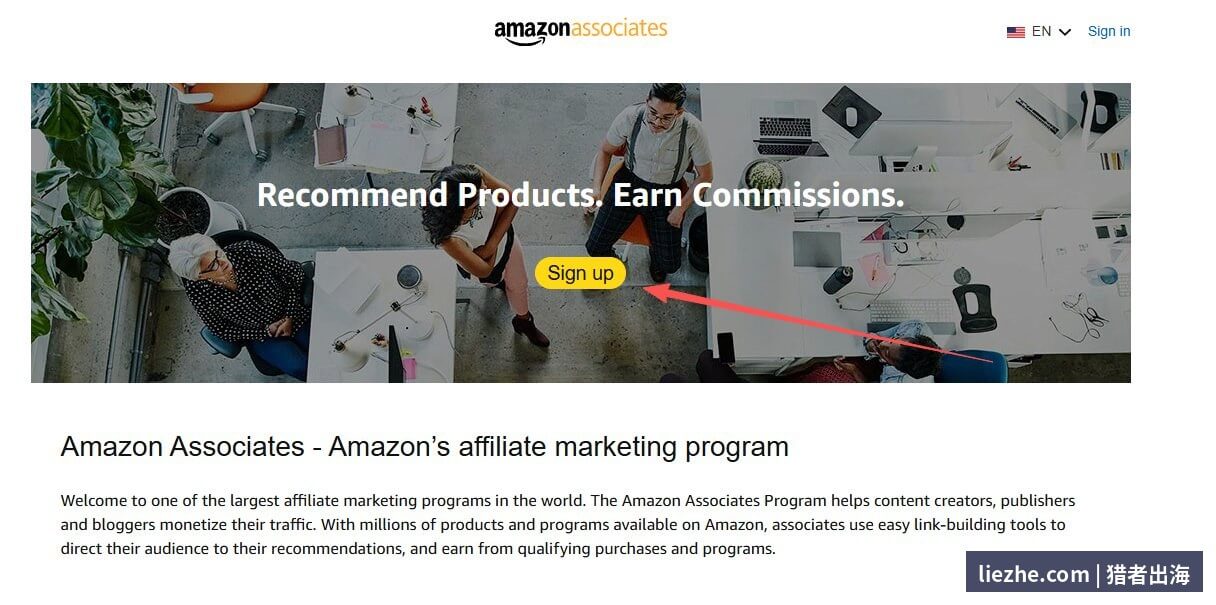 Amazon Associates官网注册首页Sign up按钮位置