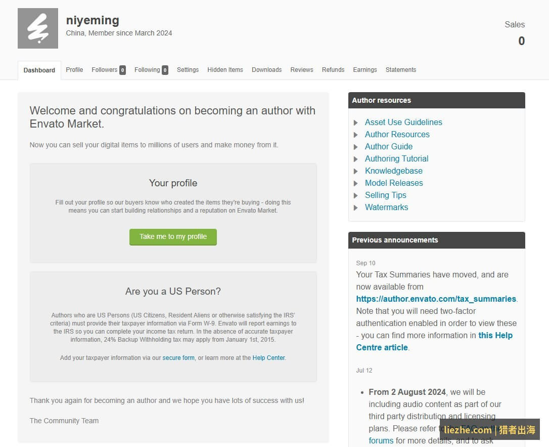 Envato Author后台Dashboard:niyeming账号显示Sales为0等待开放上传权限