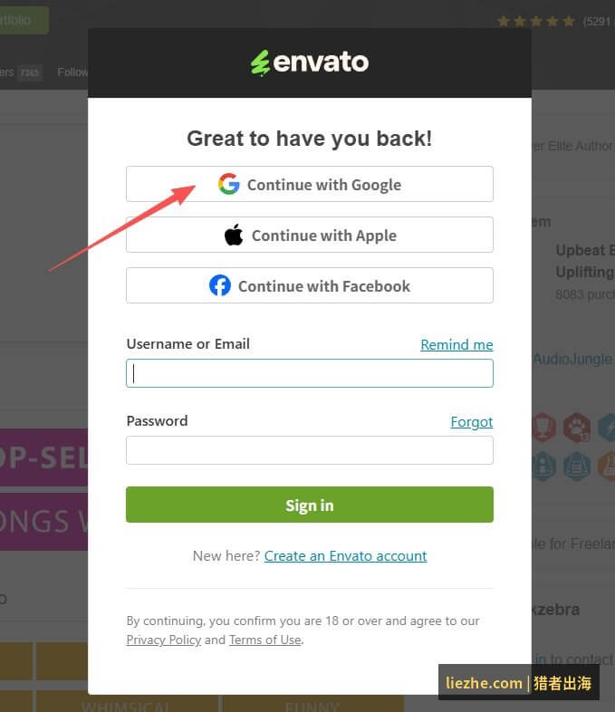 Envato账号注册和登录页面:支持Google Apple Facebook快速登录