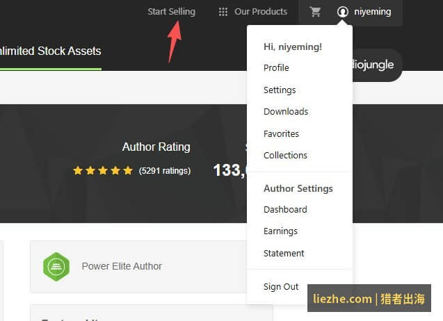 Envato个人下拉菜单:Start Selling按钮和Author Settings作者设置入口