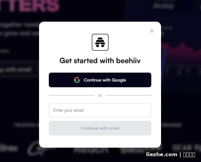 Beehiiv注册方式选择页面Continue with Google