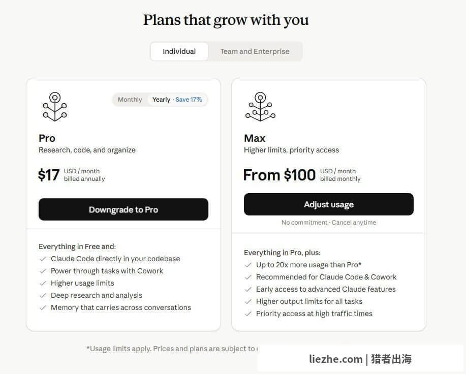Claude Pro和Max套餐价格对比:Pro $17/月年付、Max从$100/月起