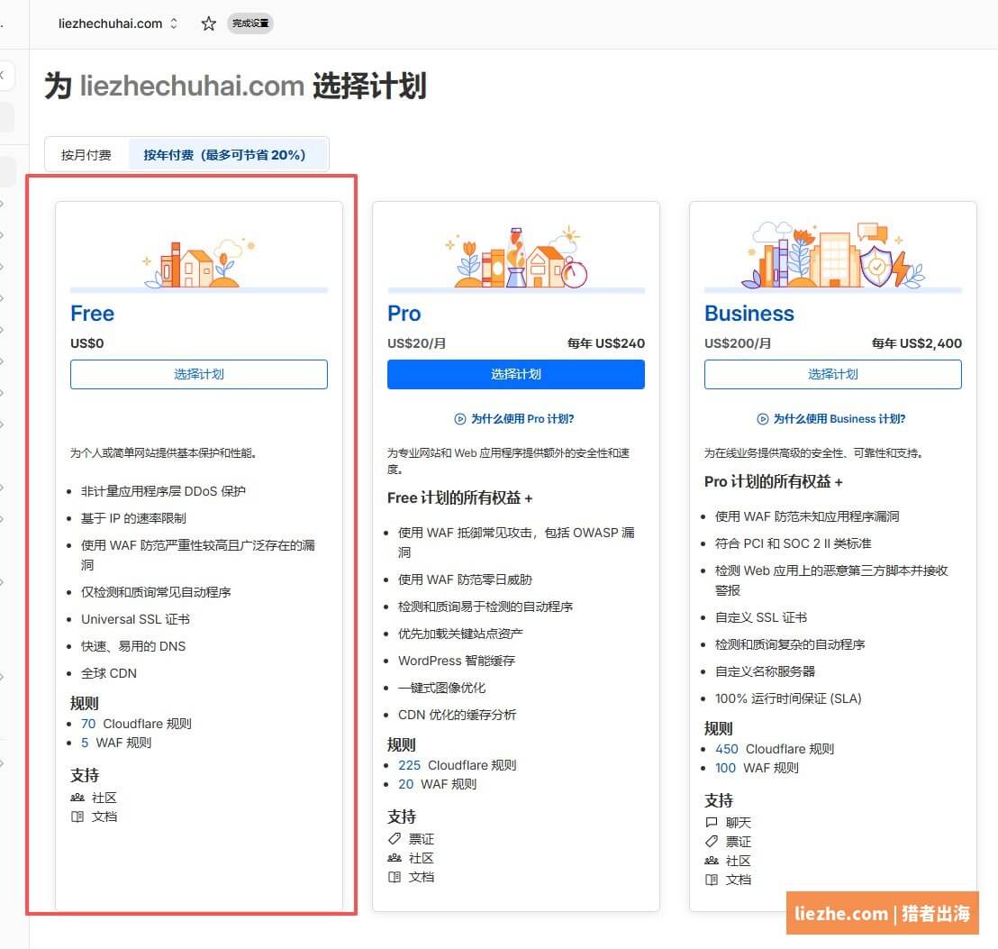 Cloudflare选择Free免费计划界面套餐对比