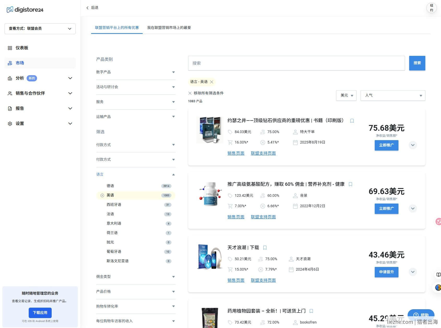 Digistore24 Marketplace语言筛选英语产品