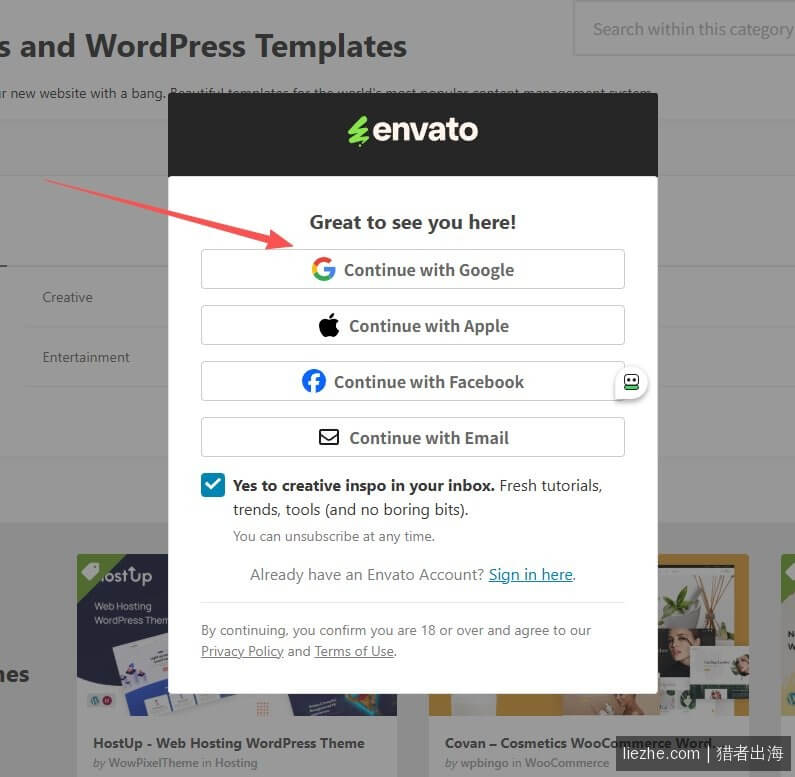 Envato注册新账号选择Google苹果Facebook邮箱