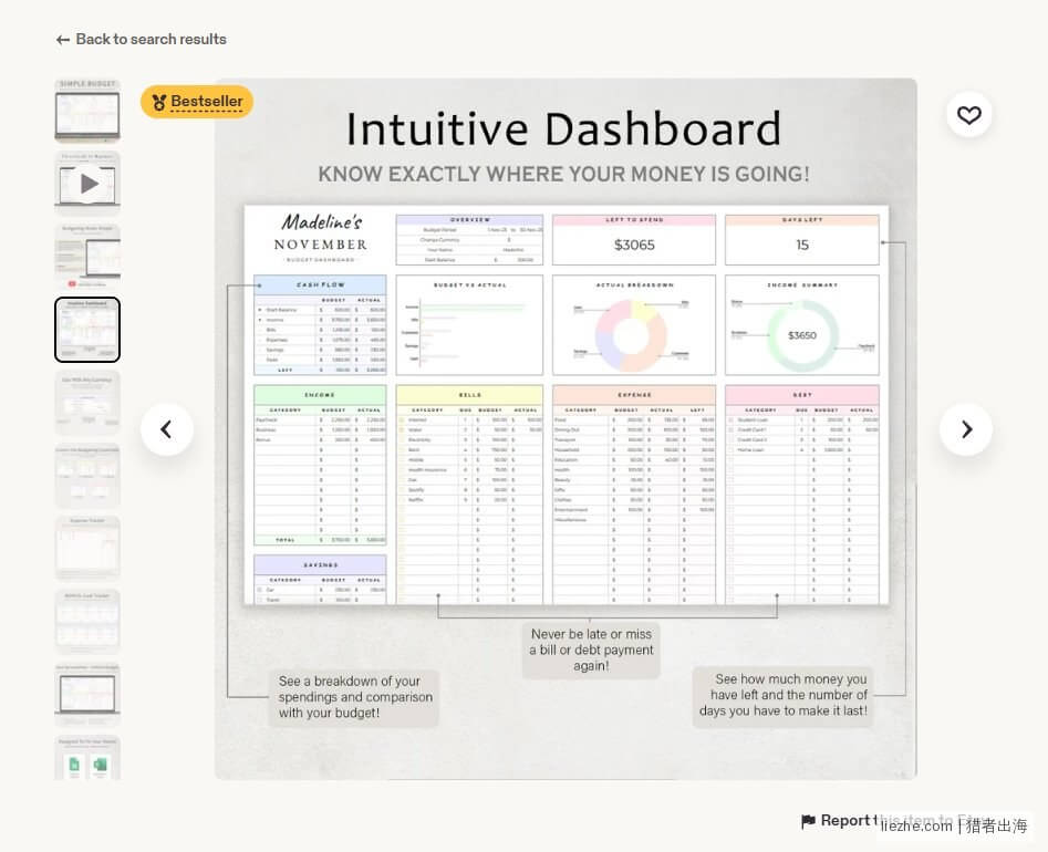 Etsy爆款Simple Budget模板的Dashboard设计参考