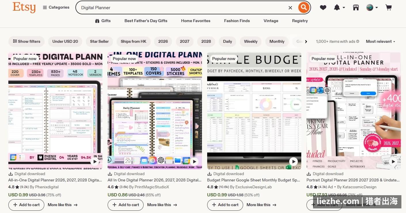 Etsy平台搜索Digital Planner的真实搜索结果展示