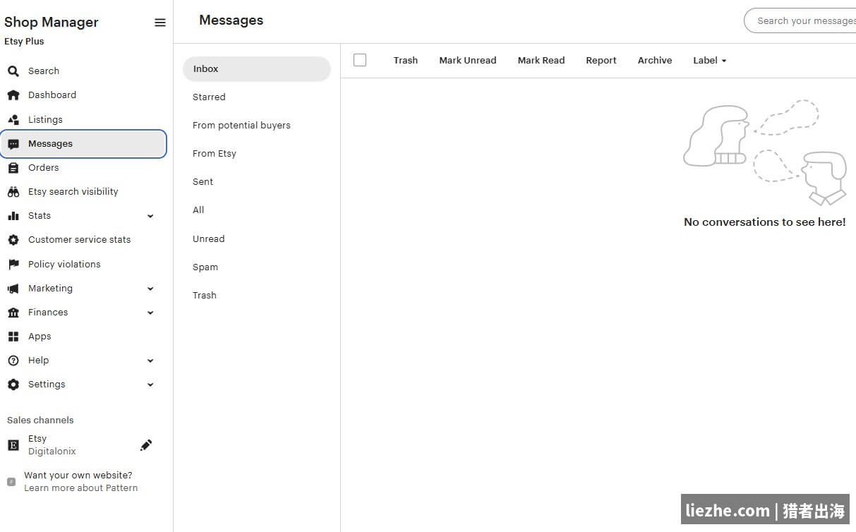 Etsy后台Messages站内信收件箱界面