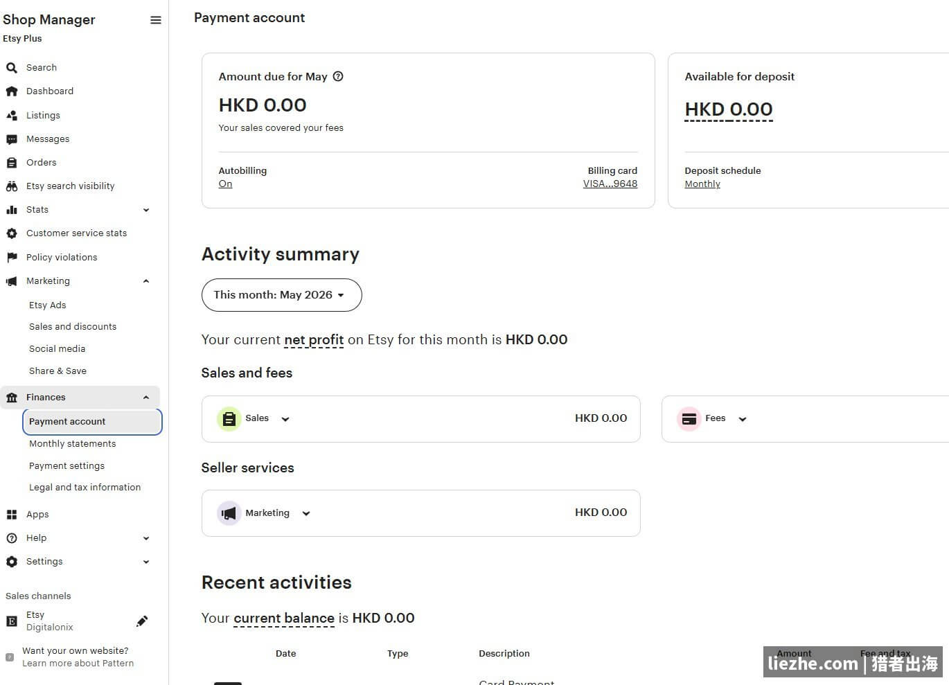 Etsy后台Payment Account财务账户与销售记录界面