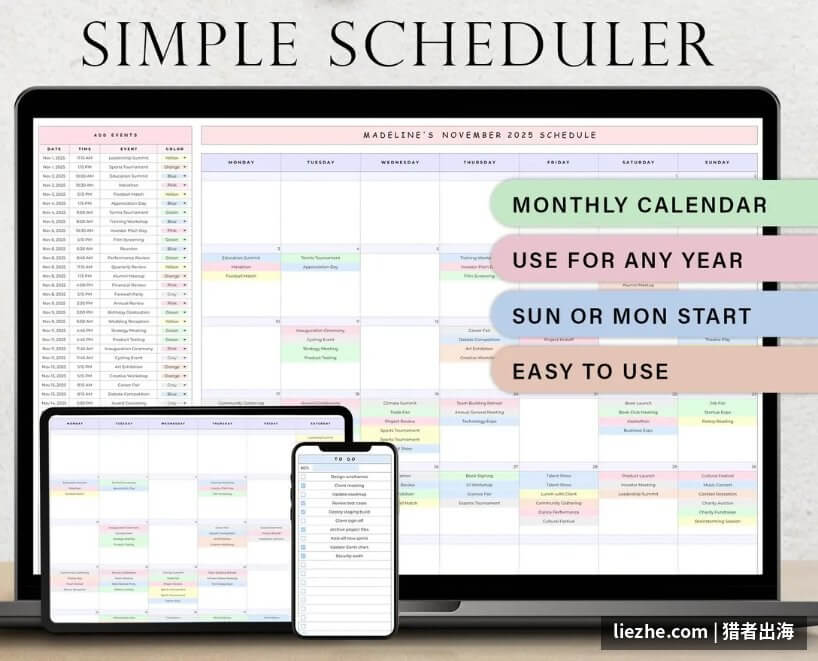 Etsy上Simple Scheduler月度日程表的展示Mockup