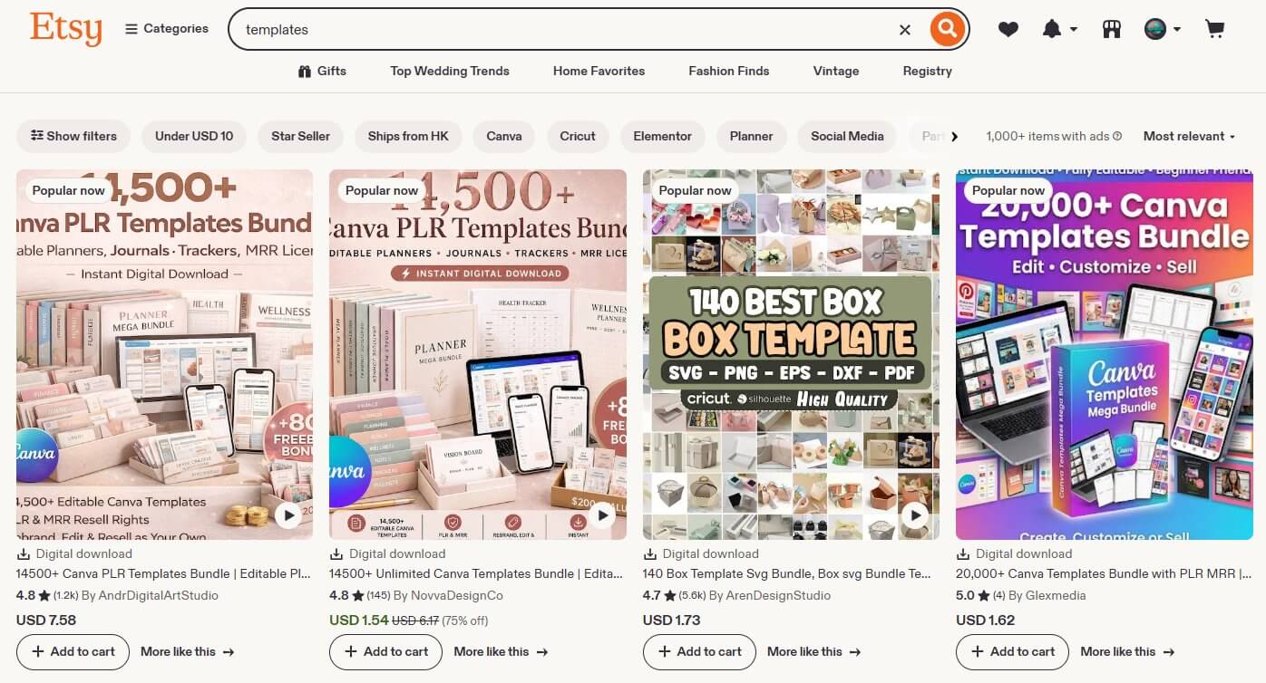 Etsy搜索templates数字产品销售页面截图