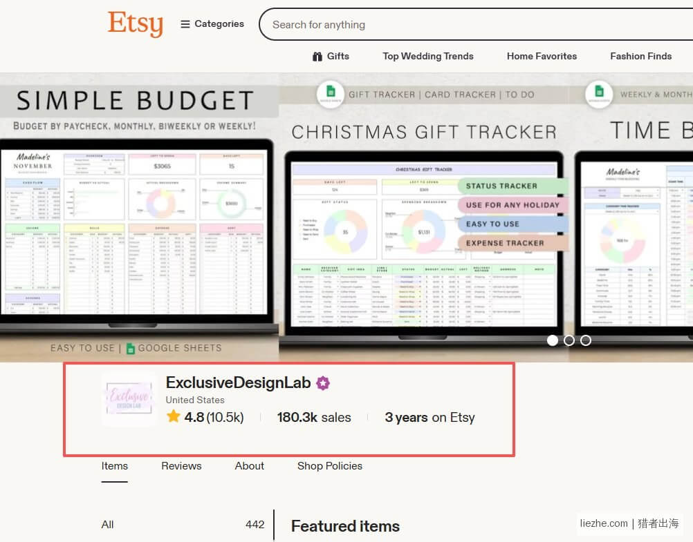 Etsy头部spreadsheet模板店铺ExclusiveDesignLab销量数据