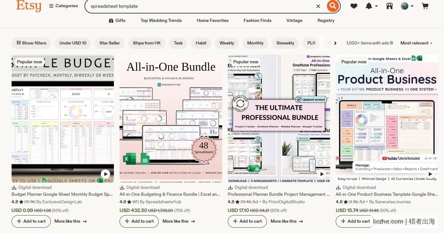 Etsy搜索spreadsheet template的热销产品搜索结果页