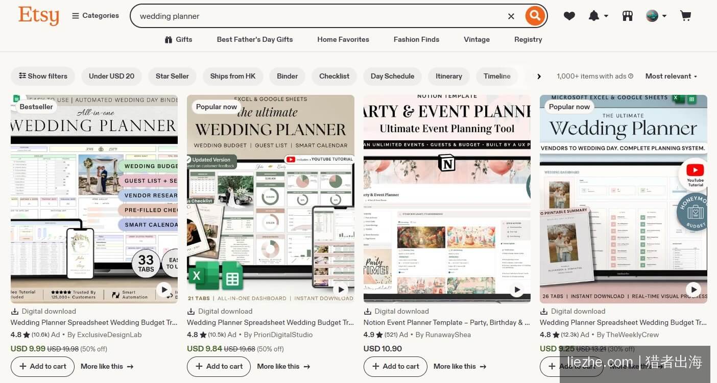 Etsy婚礼邀请函模板真实搜索结果_单价9.99-10.9美金