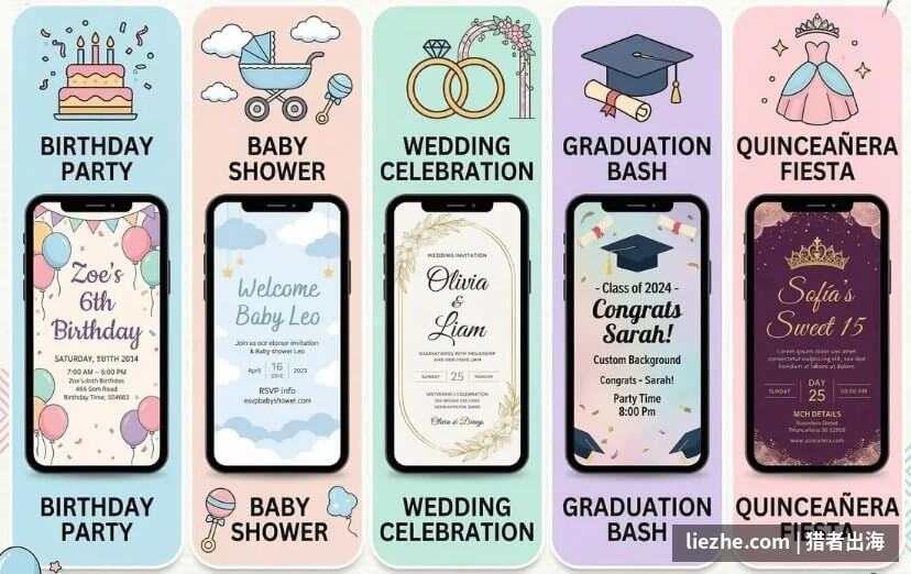 Etsy上Birthday、Baby Shower、Wedding、Graduation、Quinceanera等场景的邀请函Printable样式