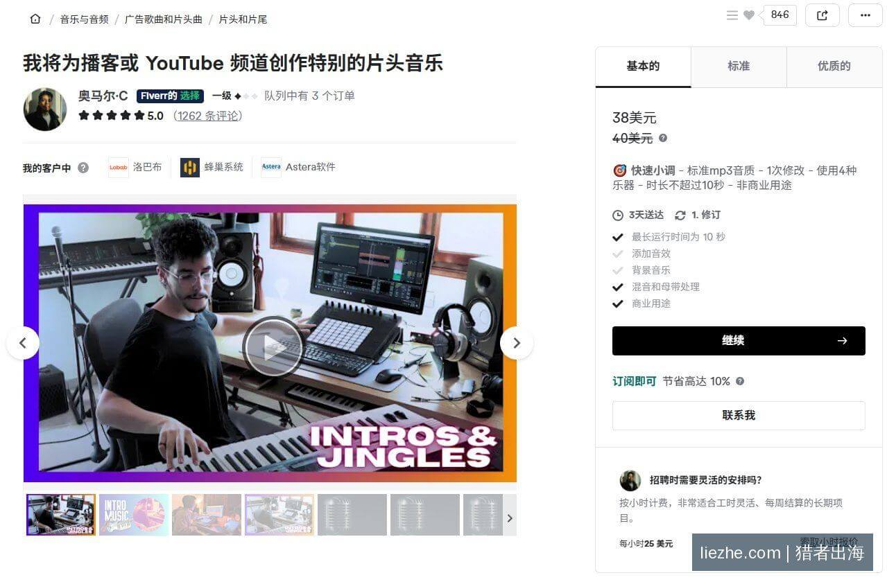 Fiverr播客片头音乐Gig详情页报价示例 - 猎者出海