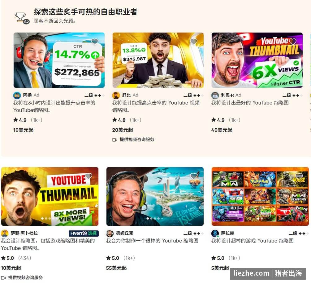 Fiverr平台YouTube缩略图设计卖家排名和报价