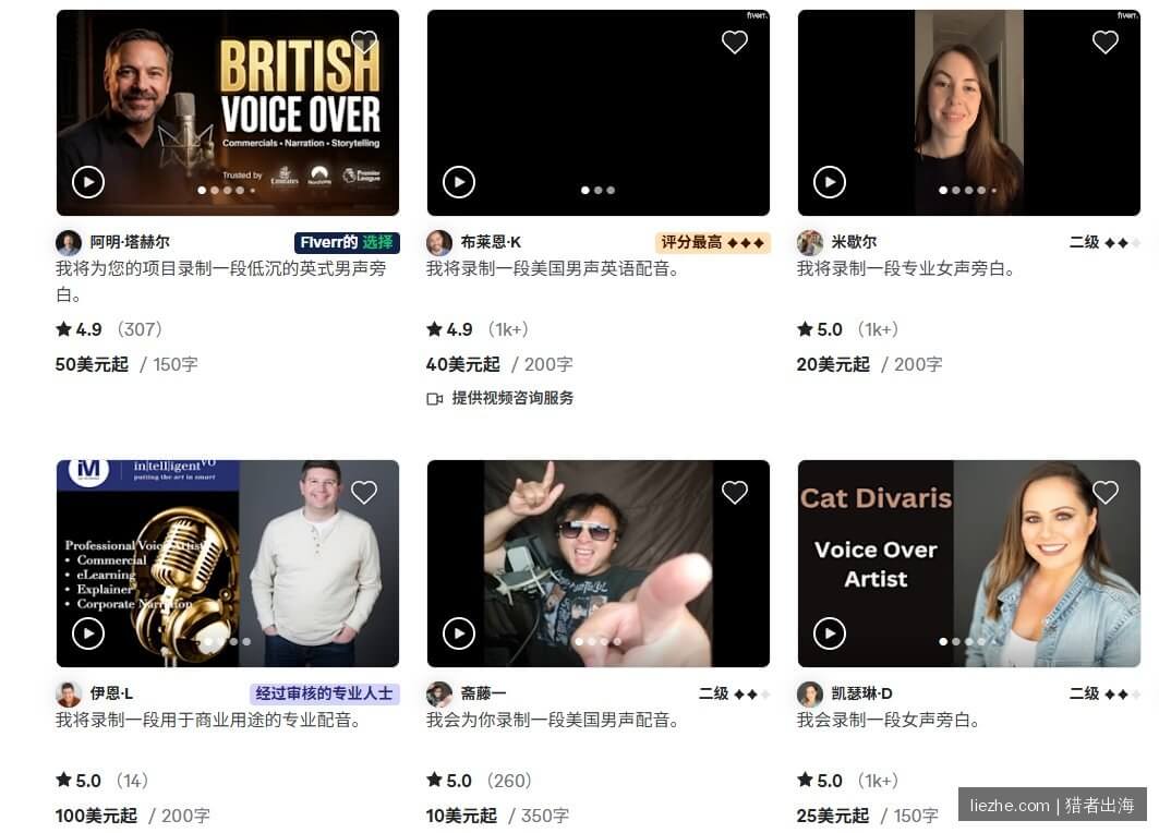 Fiverr平台Voiceover配音卖家列表和价格