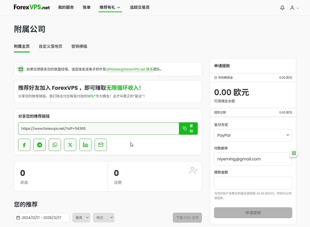 ForexVPS联盟营销后台界面：推广链接和数据展示