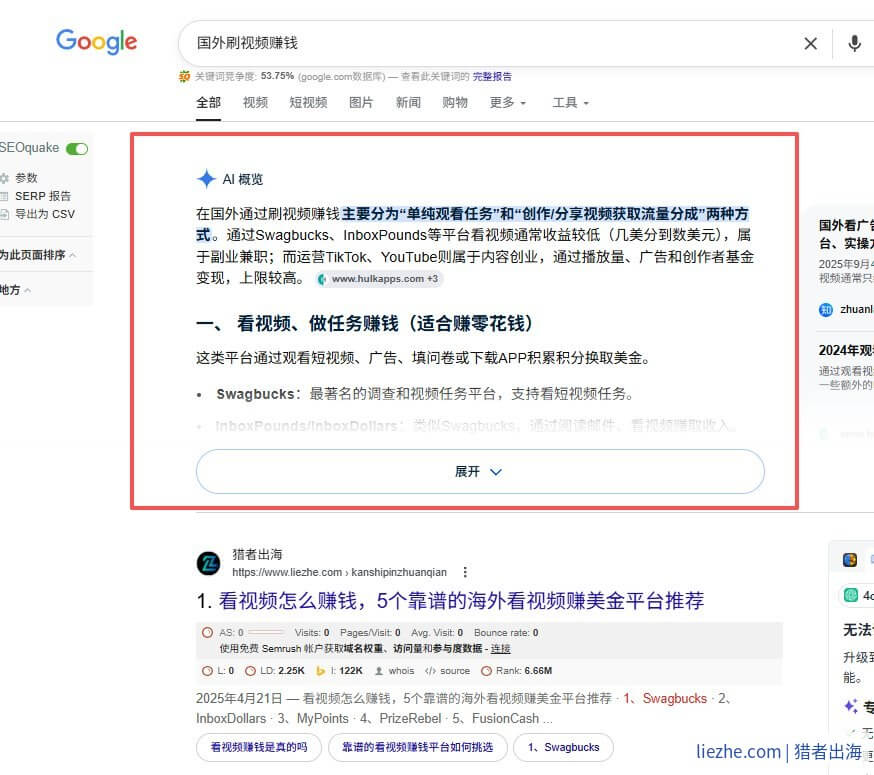 Google AI Overviews国外刷视频赚钱关键词AI概览实例