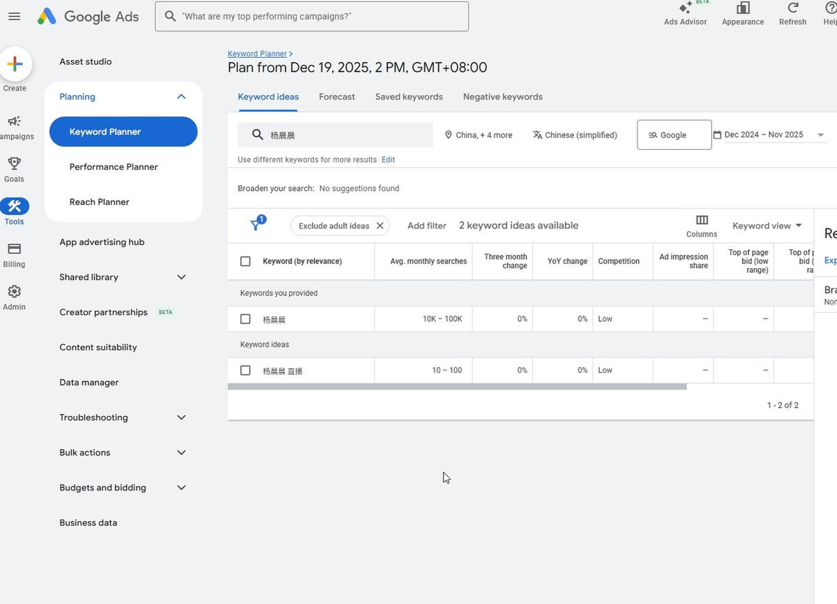 Google Keyword Planner查询杨晨晨关键词月搜索量10K-100K截图