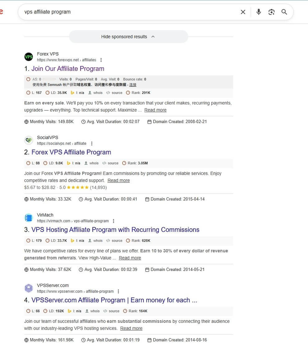 Google搜索VPS Affiliate Program找到大量VPS联盟营销项目