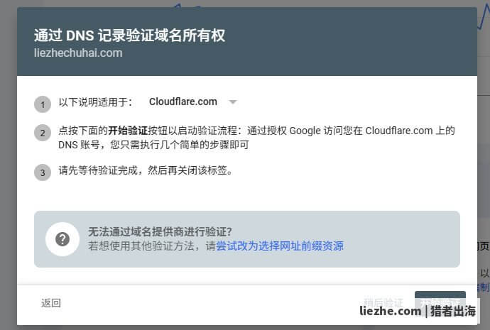 GSC通过DNS记录验证域名所有权操作界面