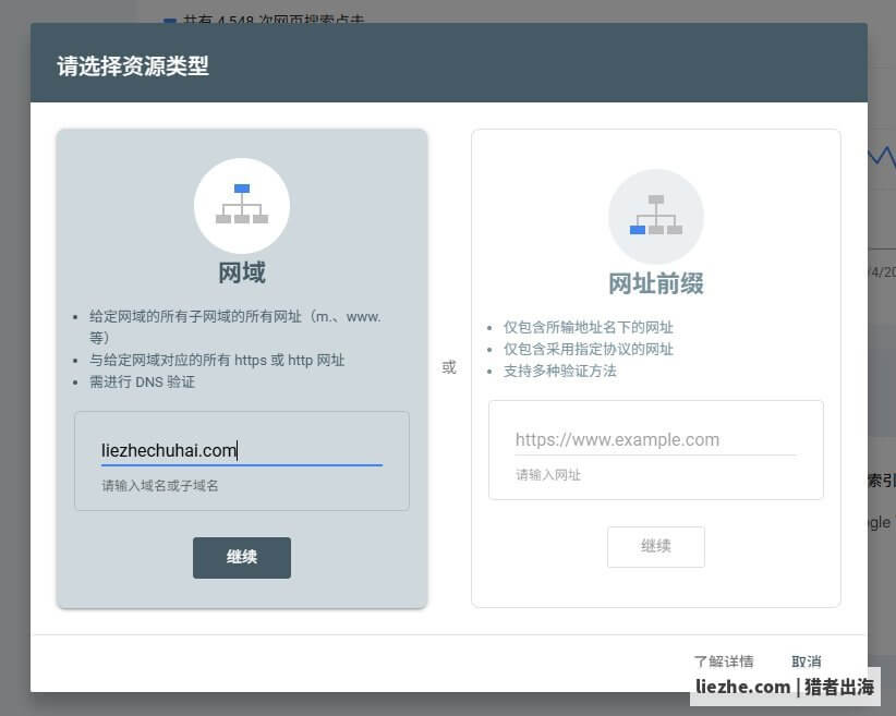 GSC选择资源类型界面,域名和网址前缀两个选项