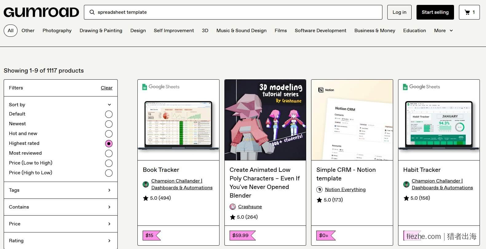 Gumroad平台搜索spreadsheet template的排名页