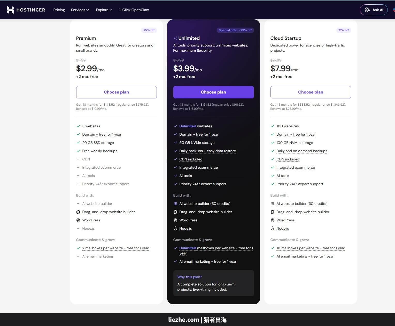 Hostinger外贸建站三种套餐价格方案_Premium_Unlimited_Cloud_Startup对比