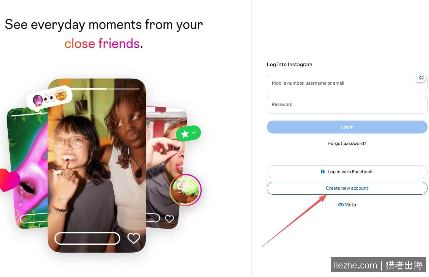 Instagram注册页面:点击Create new account创建新账号