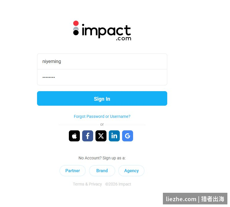 impact.com登录界面：用户名加密码登录或Apple、Facebook、Google三方登录