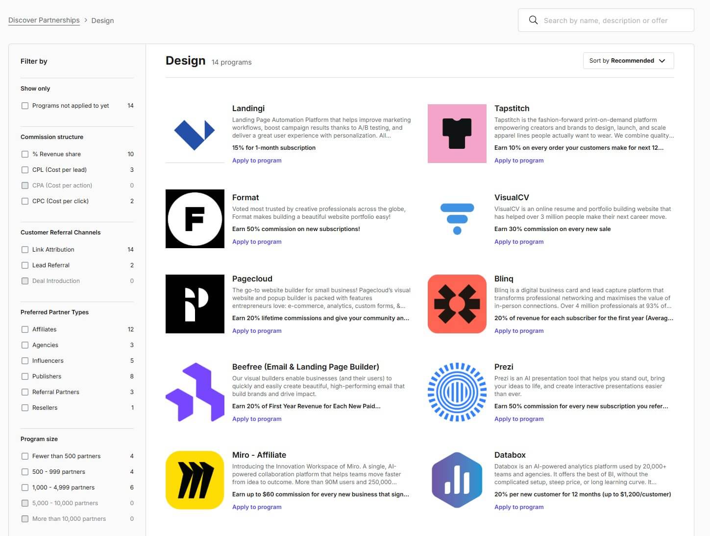 Impact平台设计类SaaS联盟项目分类页:Landingi、Pagecloud、Beefree等14个商家