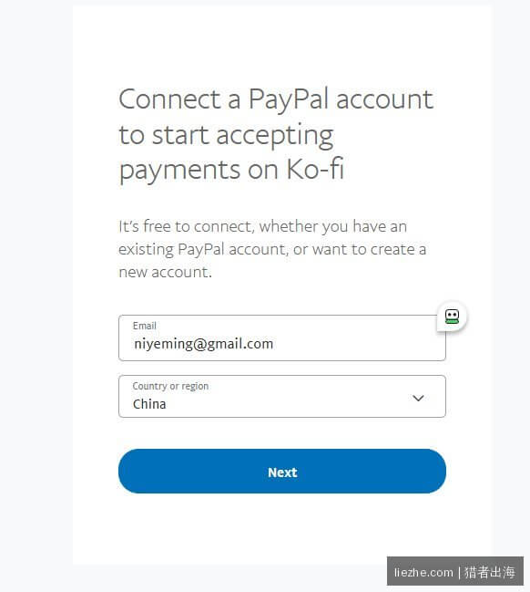 Ko-fi绑定PayPal账户:输入邮箱选择China中国国家