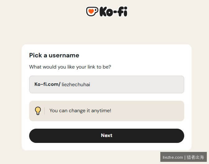 Ko-fi设置用户名作为页面URL:ko-fi.com/liezhechuhai