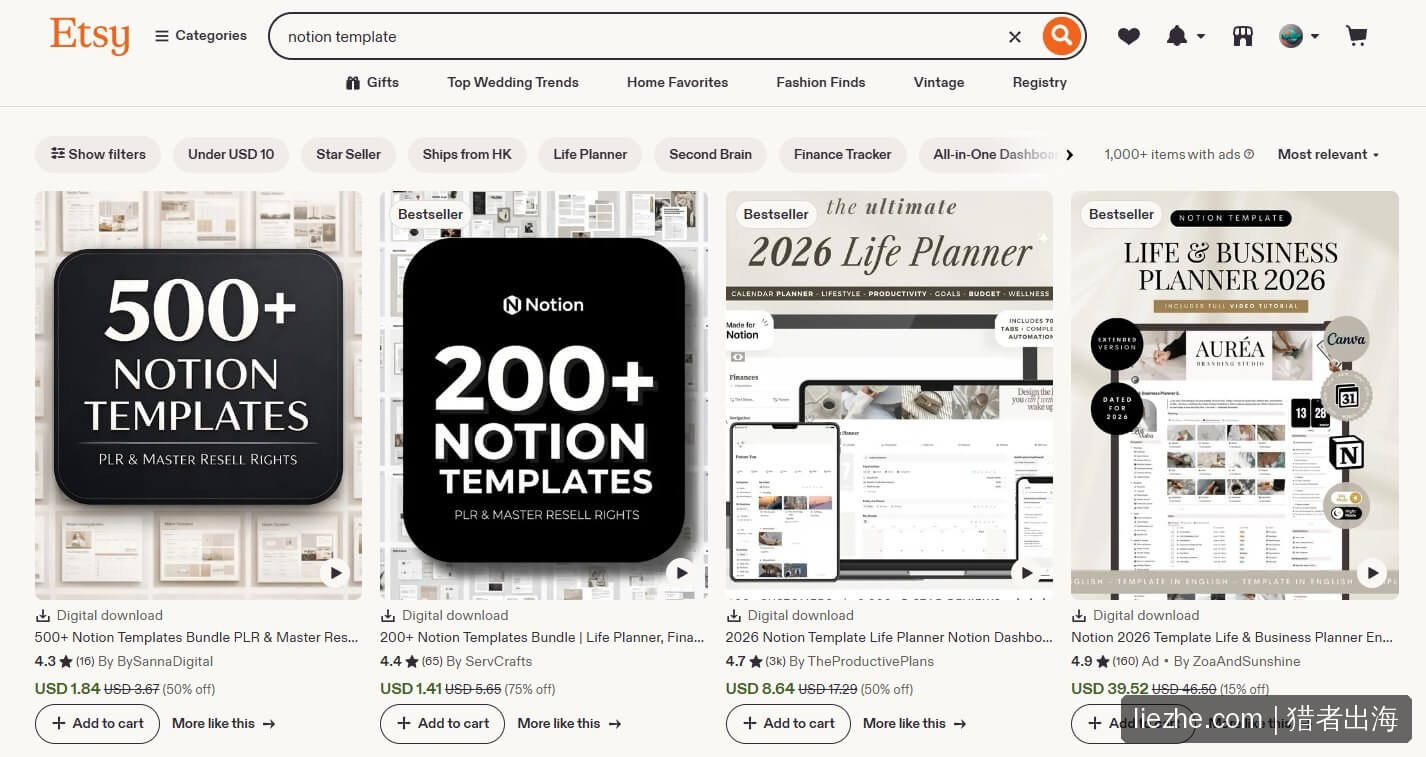 Etsy搜索notion template结果：1000+listing，多款Bestseller