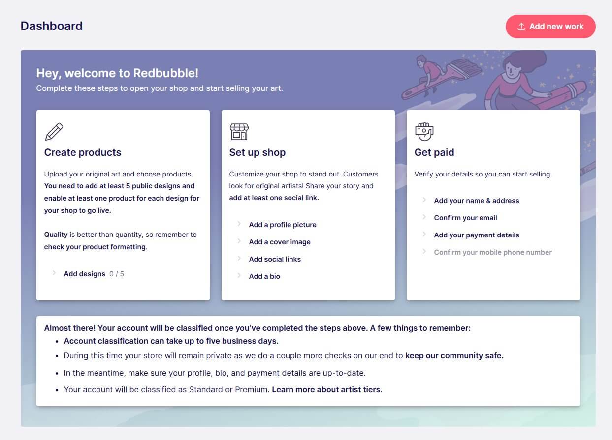 Redbubble卖家后台Dashboard界面,显示开店4个步骤指引