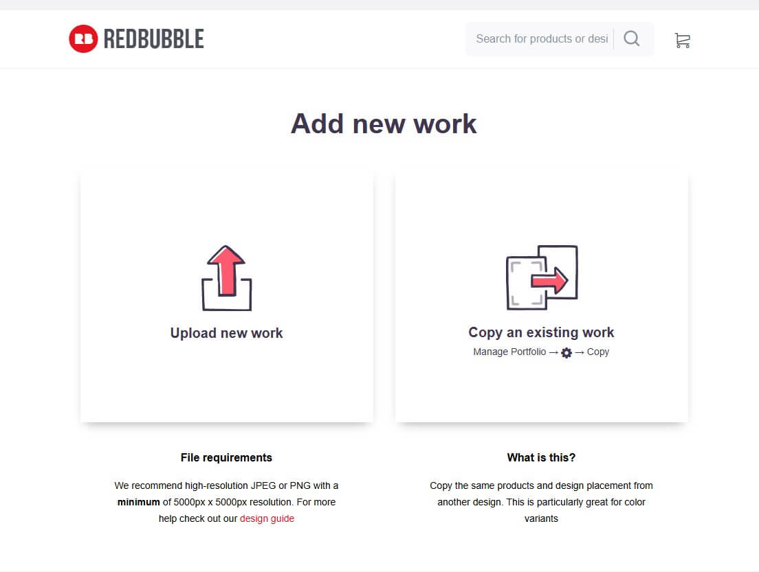 Redbubble上传新作品页面,Upload new work艺术家上传设计图界面