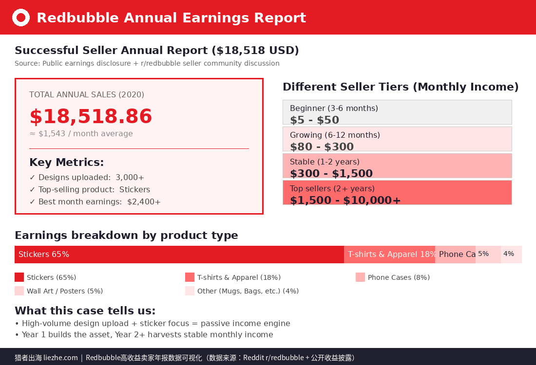 Redbubble高收益卖家年度收益报告18518美金,不同卖家阶段月入对比