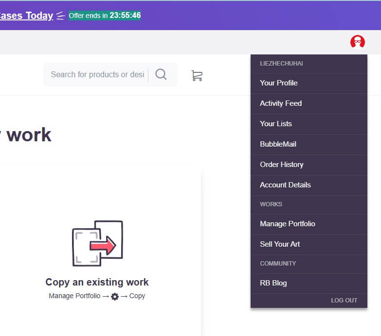 Redbubble账户菜单面板,包含Manage Portfolio Sell Your Art等卖家功能入口
