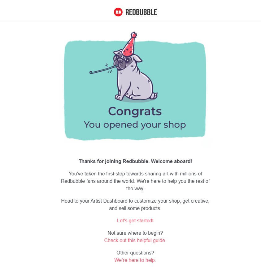 Redbubble注册成功欢迎邮件,开店成功提示