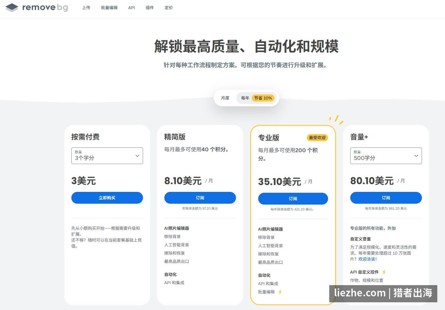 Remove.bg抠图工具不同套餐价格