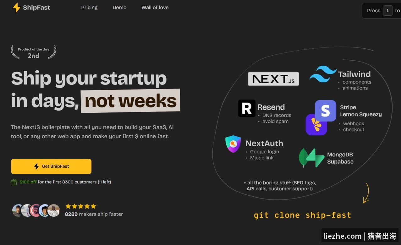 Marc Lou开发的ShipFast Next.js SaaS模板首页:独立开发者月入8万美金的代表产品