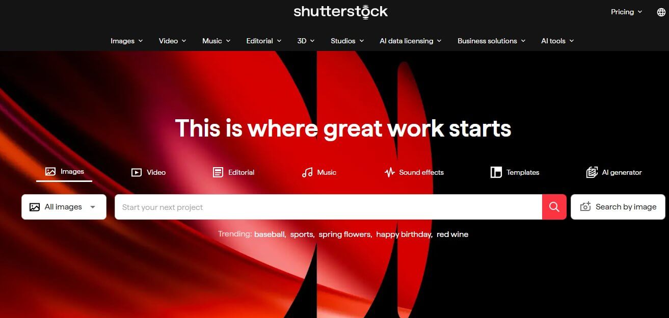 Shutterstock首页界面截图，全球最大的图片素材平台
