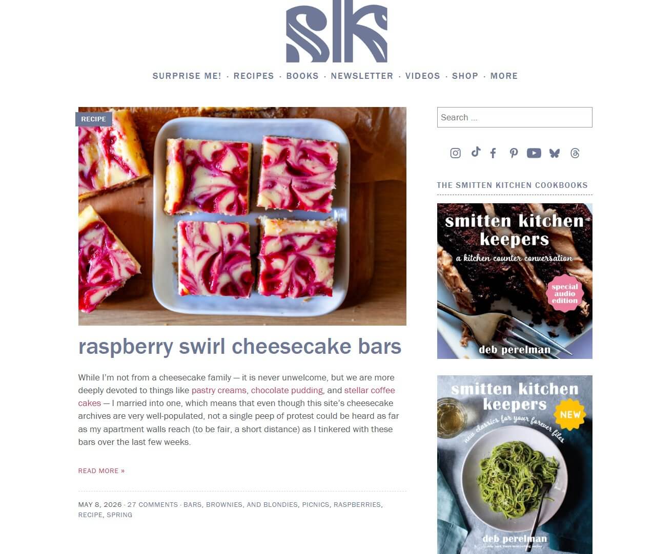 smittenkitchen.com首页截图，展示食谱博客整体调性
