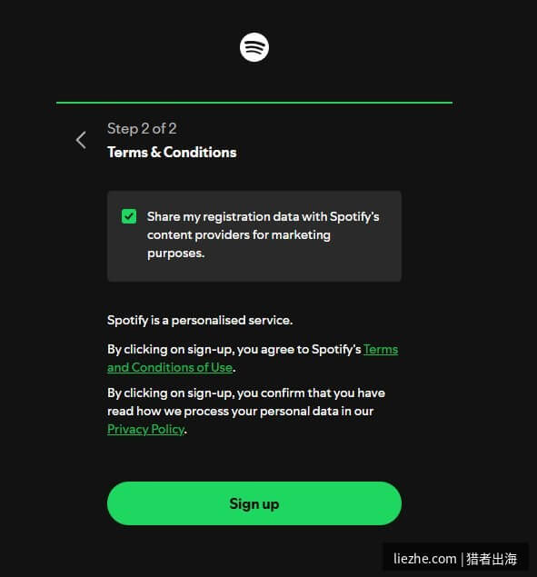 Spotify Step 2 Terms and Conditions同意条款完成注册