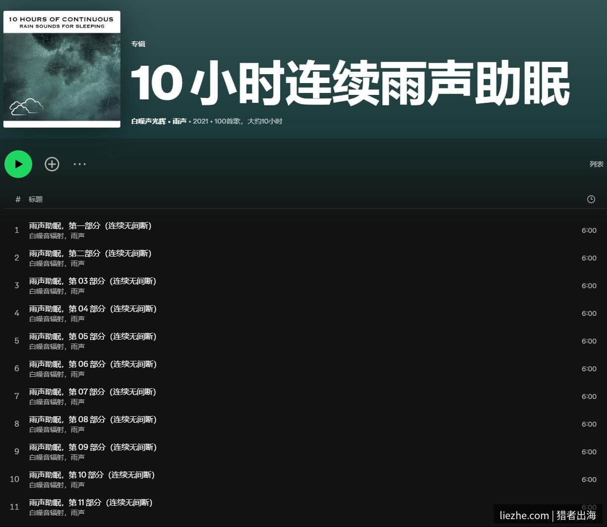 Spotify中文界面的雨声助眠类专辑很受欢迎