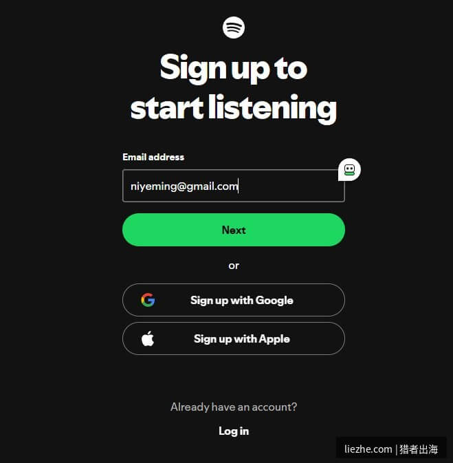 Spotify Sign up to start listening注册邮箱填写界面